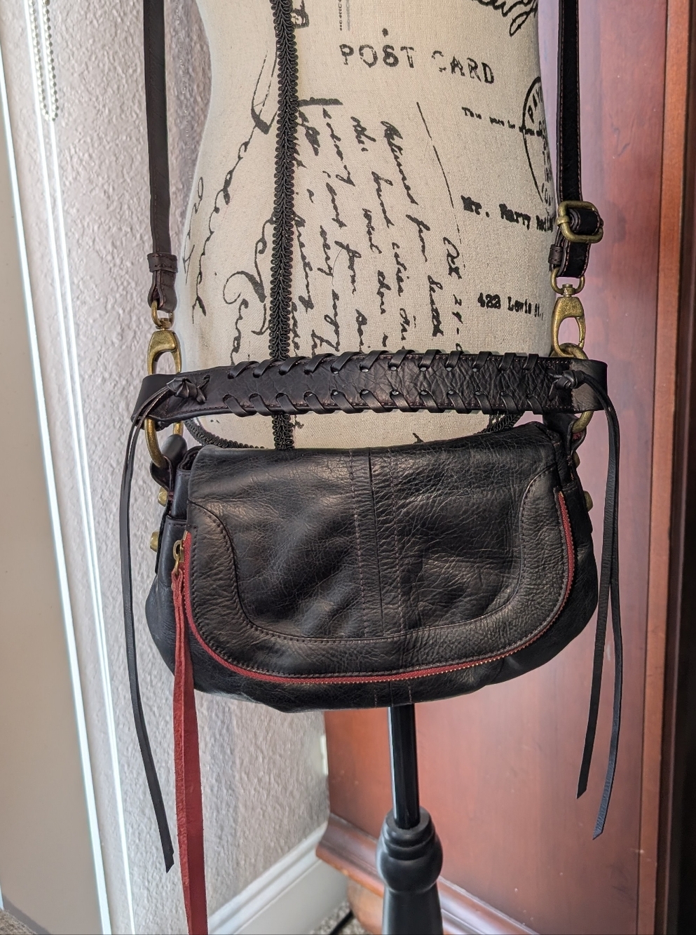 Lucky Brand Black Leather Crossbody Bag with Red Trim